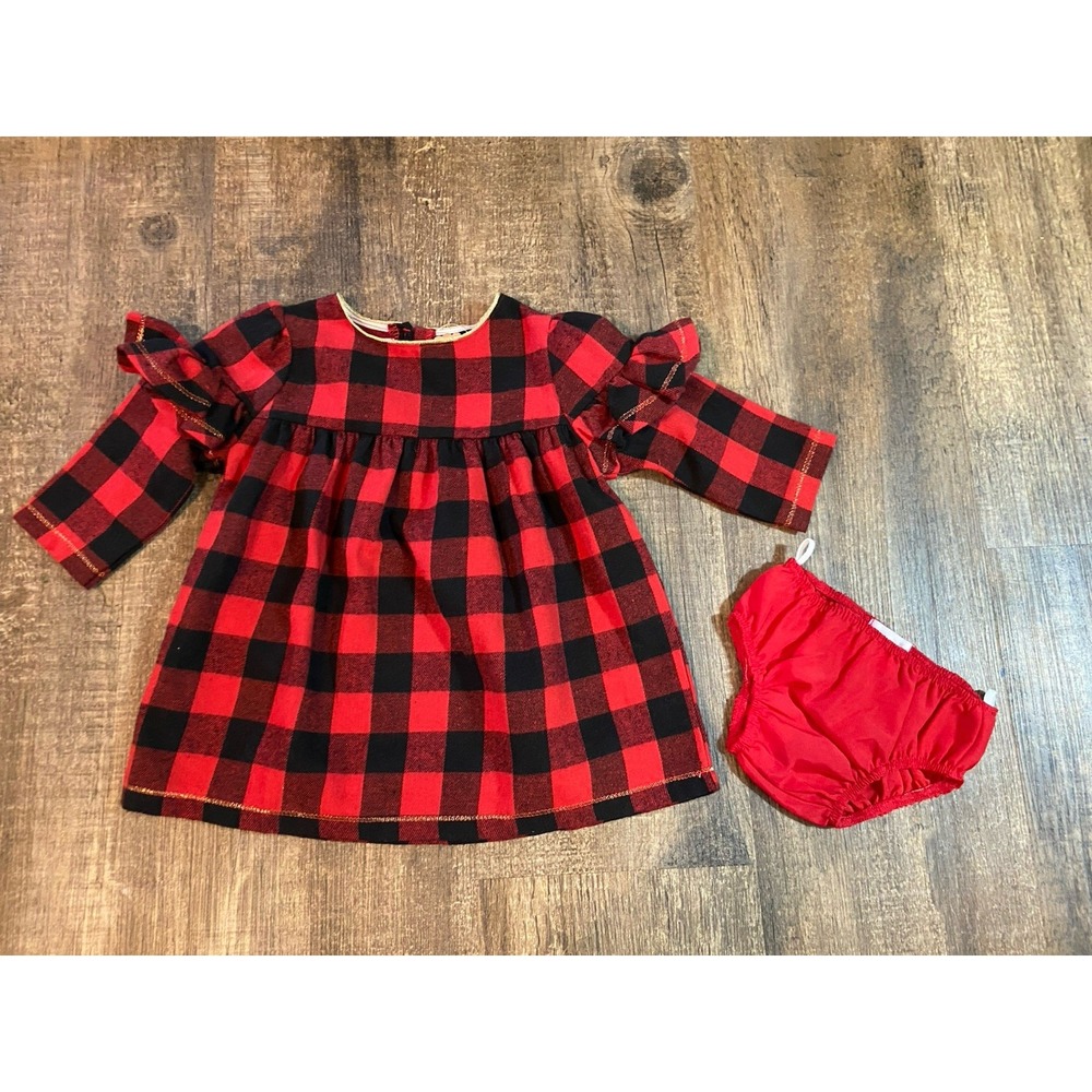 Mudpie Baby Girl's 6-9M Buffalo Plaid Dress  Ruffled Sleeve Diaper‎ Cover NWT